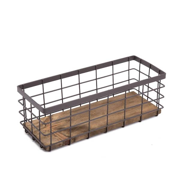 Metal Wire Storage Basket with Detachable Wood Base, Lint Bin & Multi-Purpose Organizer Bin for Kitchen, Bathroom, Brown