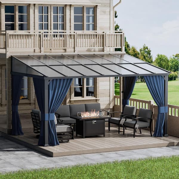 10 ft. x 14 ft. Gray Hardtop Sloping Pitched Roof Wall-Mounted Gazebo With Curtain And Netting, Navy Blue