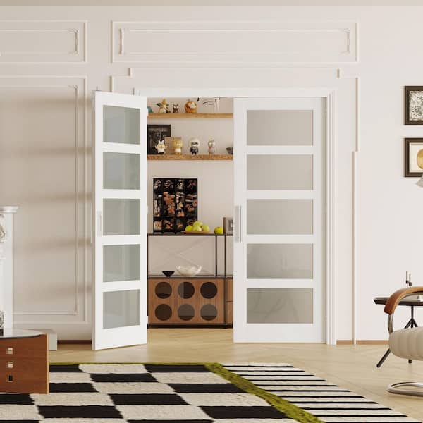 64 in. x 80 in. Solid Wood and MDF, 5 Lite, Frosted Glass, White Primed, Pantry Door, Interior Door Slab with Ball Catch