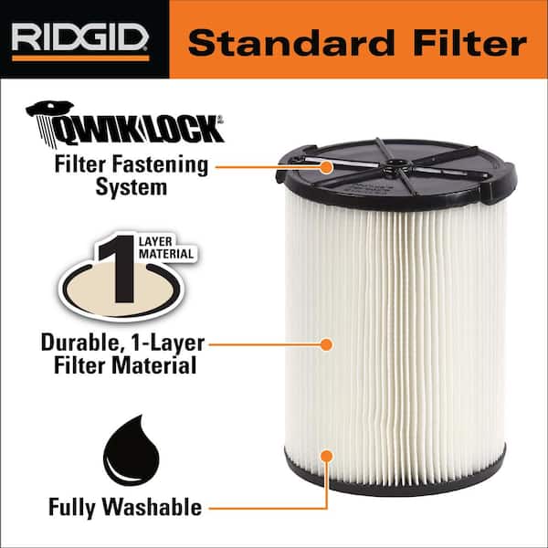 Ridgid 1 Layer Standard Pleated Paper Filter For Most 5 Gal And Larger Ridgid Wet Dry Shop Vacuums 2 Pack Vf4200 The Home Depot