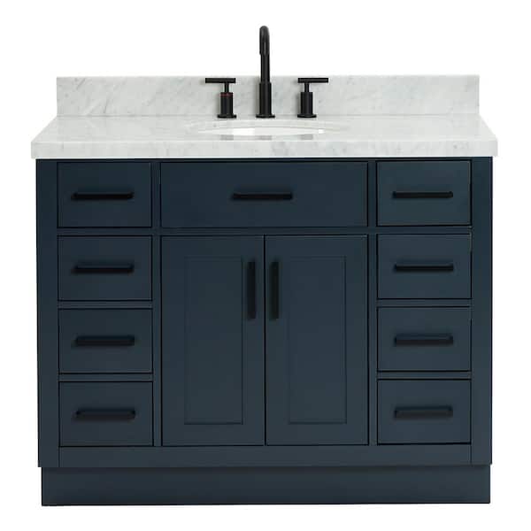 Hepburn 42 in. W x 22 in. D x 36 in. H Bath Vanity in Blue with Carrara Marble Vanity Top in White with White Basin