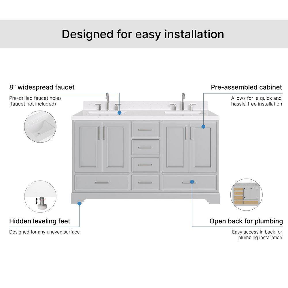 Stafford 60" Gray Double Sink Freestanding Vanity with Carrara Quartz Top