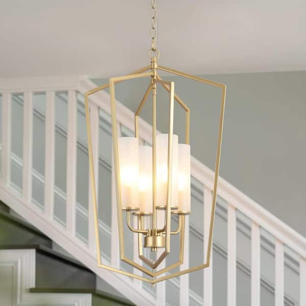 Zevni 16.5 in. 4-Light Modern Gold Island Pendant Light, Farmhouse Linear Chandelier, Frosted Glass Dining Room Pendant Light