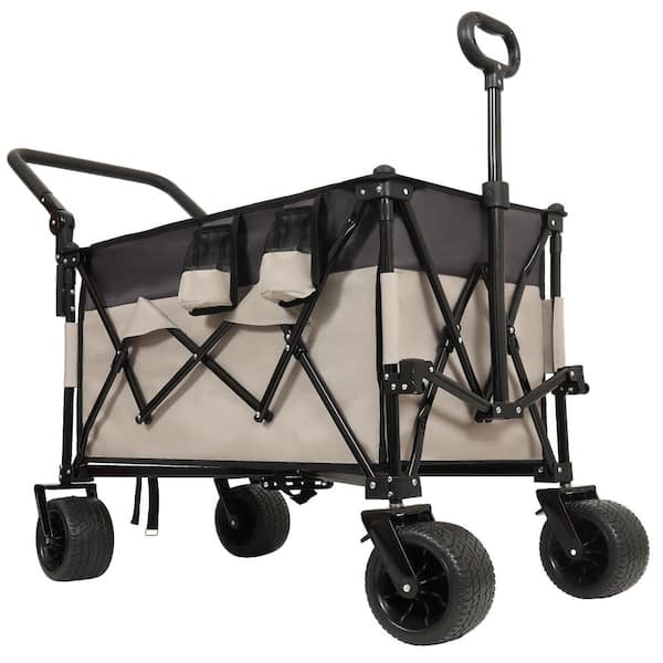 Khaki 5 cu. ft. Steel Multi-Functional Foldable Wagon Garden Cart with Rotating Handle and 360° All-Terrain Wheels