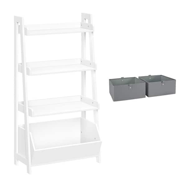 RiverRidge Home 24 in. Wide White Ladder Shelf Toy Organizer and Book Storage with 3-Open Shelves with Two 5 in. H Gray Fabric Bins