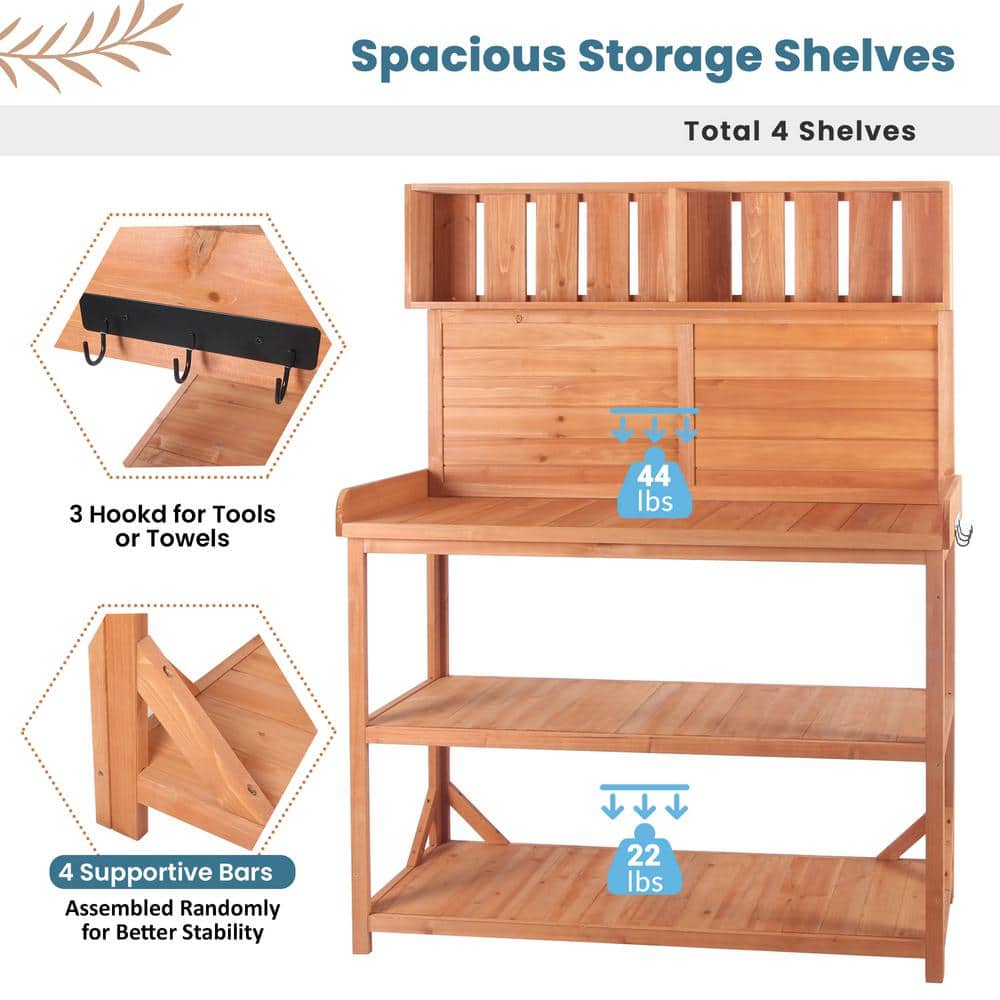 Natural Wooden Outdoor Garden Potting Bench with Storage Shelves