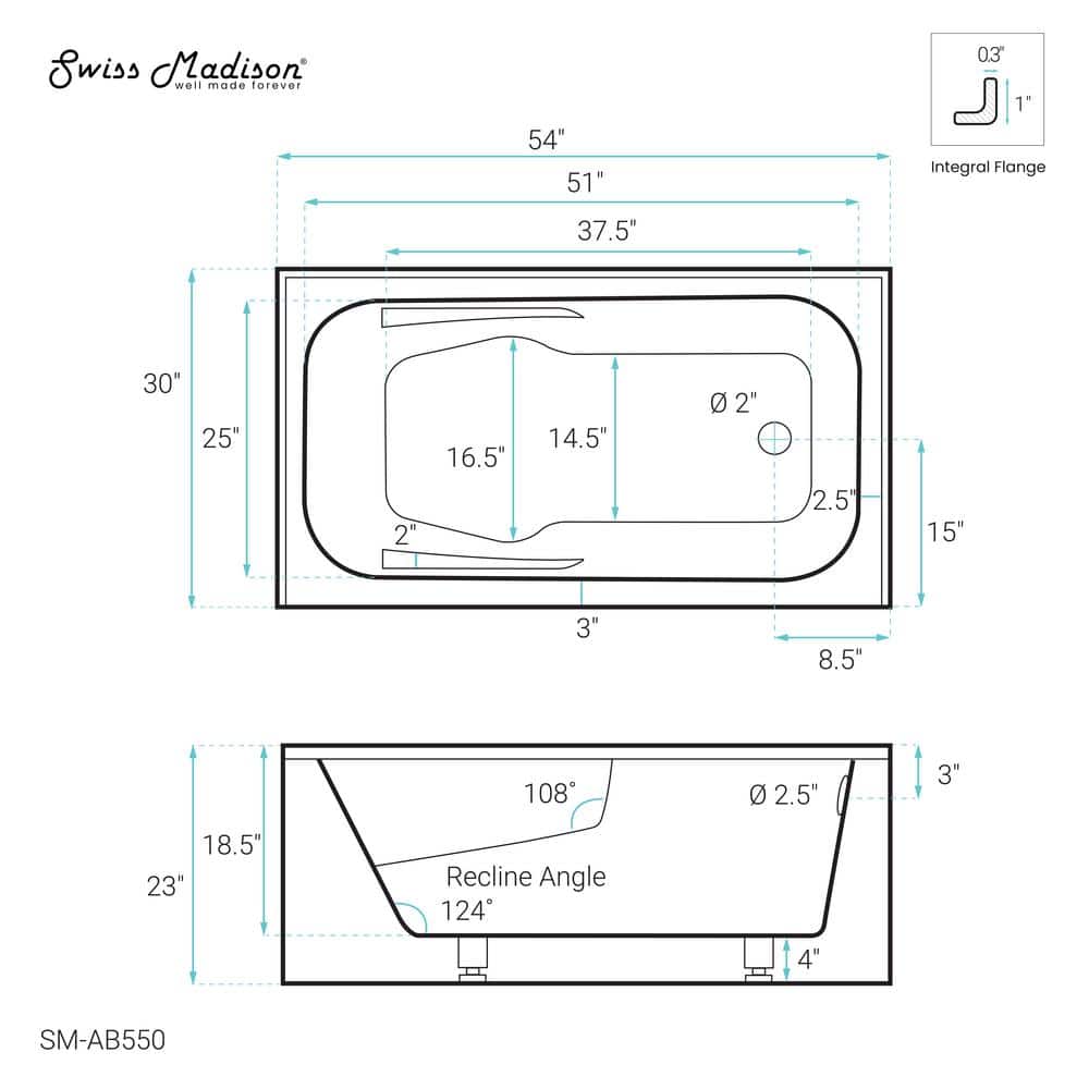 Voltaire 54" White Acrylic Alcove Bathtub with Apron