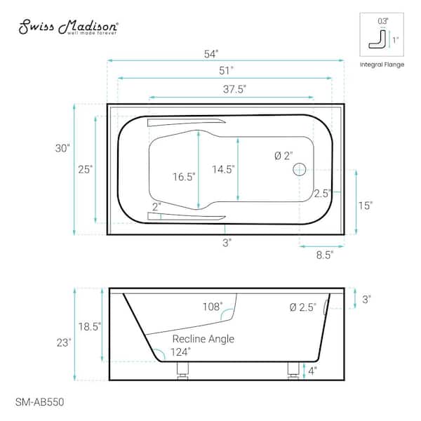 Swiss Madison Voltaire 54 in. x 30 in. Acrylic White, Alcove