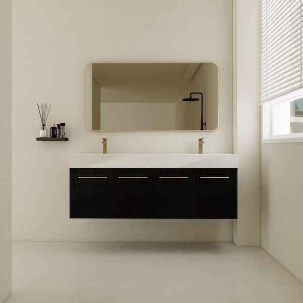 Elegant 60 in. W x 18.1 in. D x 22.4 in. H Double Sink Floating Bath Vanity in Black with White Resin Top