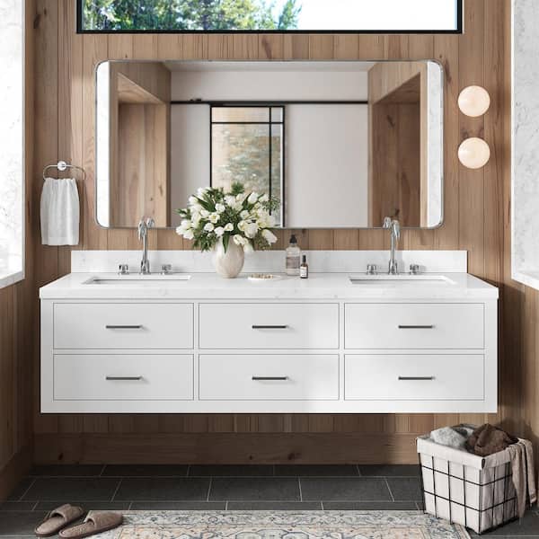 ARIEL Hutton 72.25 in. W x 22 in. D x 19.6 in. H Double Sink Freestanding Bath Vanity in White with Carrara White Quartz Top