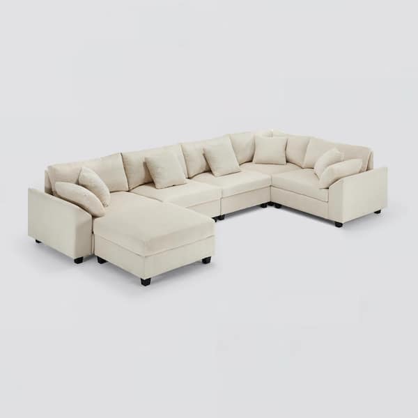 Morden Fort 150 in. Modular Cloud Couch Corduroy U-Shaped Oversized Sectional Sofa in Beige with Storage for Living Room Office