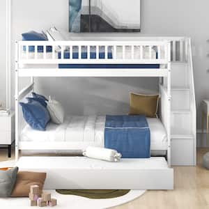 White Full Over Full Wood Bunk Bed With Stairs and Trundle, Detachable Full Kids Bunk Beds with Book Shelves