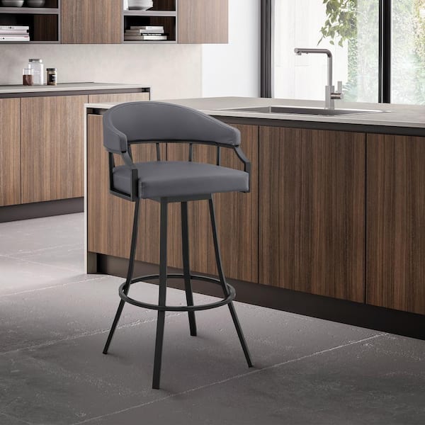 Armen Living Valerie 26 in. Gray/Black High Back Black Metal Swivel Counter Stool with Faux Leather Seat