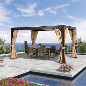 10 ft. x 13 ft. Bronze Aluminum Louvered Pergola Hardtop Gazebo with Adjustable Shed Roof with Netting and Curtains