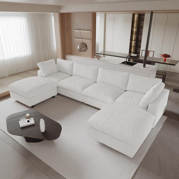 157.48 in. W Square Arm Faux Rabbit Plush Fabric U Shaped Free Combination Sofa in Beige with Removable Ottoman