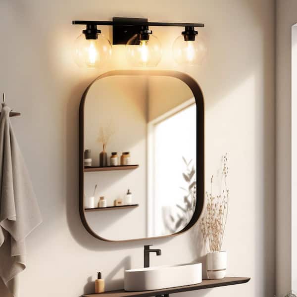 25 in. 3-Light Matte Black Vanity Light, Modern Farmhouse Wall Sconce with Open Globe Glass Shade for Vanity or Mirror
