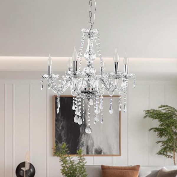 YANSUN Candlestick Shape 6-Light Silver Crystal Chandelier Fixture 