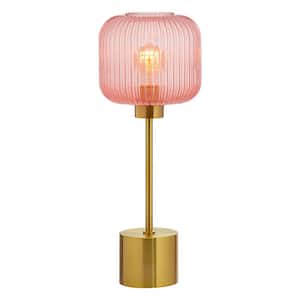 Aislin 21 in. Brushed Gold Metal Table Lamp with Globe Shade in Textured Pink Glass