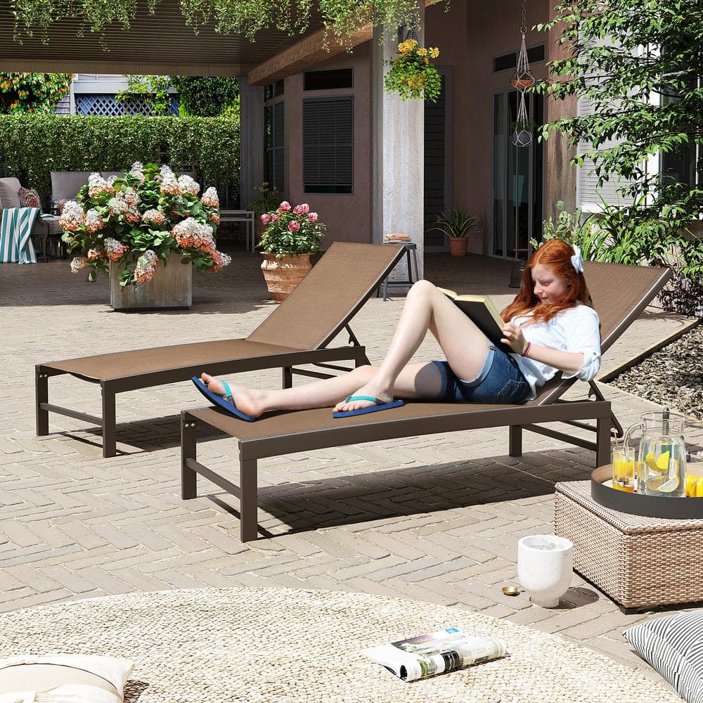 Brown Aluminum Adjustable Chaise Lounge Set with Texteline Fabric