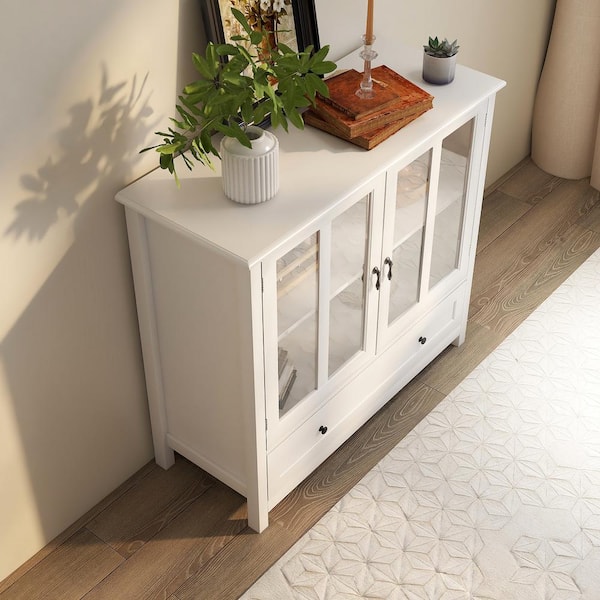 Modern 39.37-in W x 15.55-in D x 35.43-in H in White MDF Assemble Upper Diagonal Kitchen Cabinet with Double Glass Doors