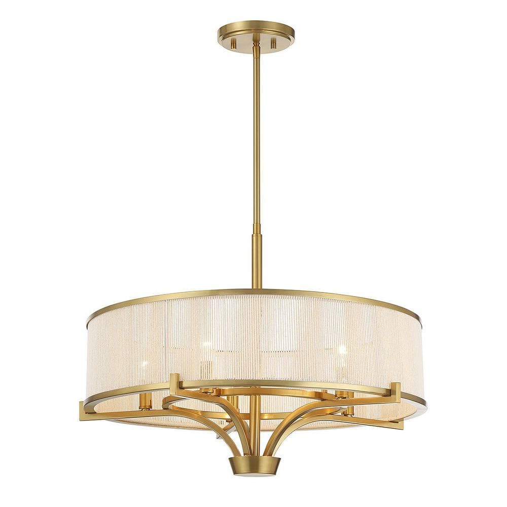 Warm Brass 5-Light Chandelier with White String Drum Shade
