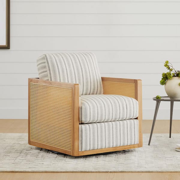 Spruce & Spring Triton Stripped Swivel Accent Arm Chair with Natural Wood Cane Panel