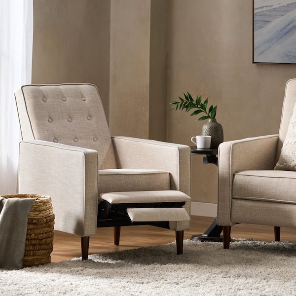 Wheat Fabric Button-Tufted Upholstered Recliner with Solid Birch Legs