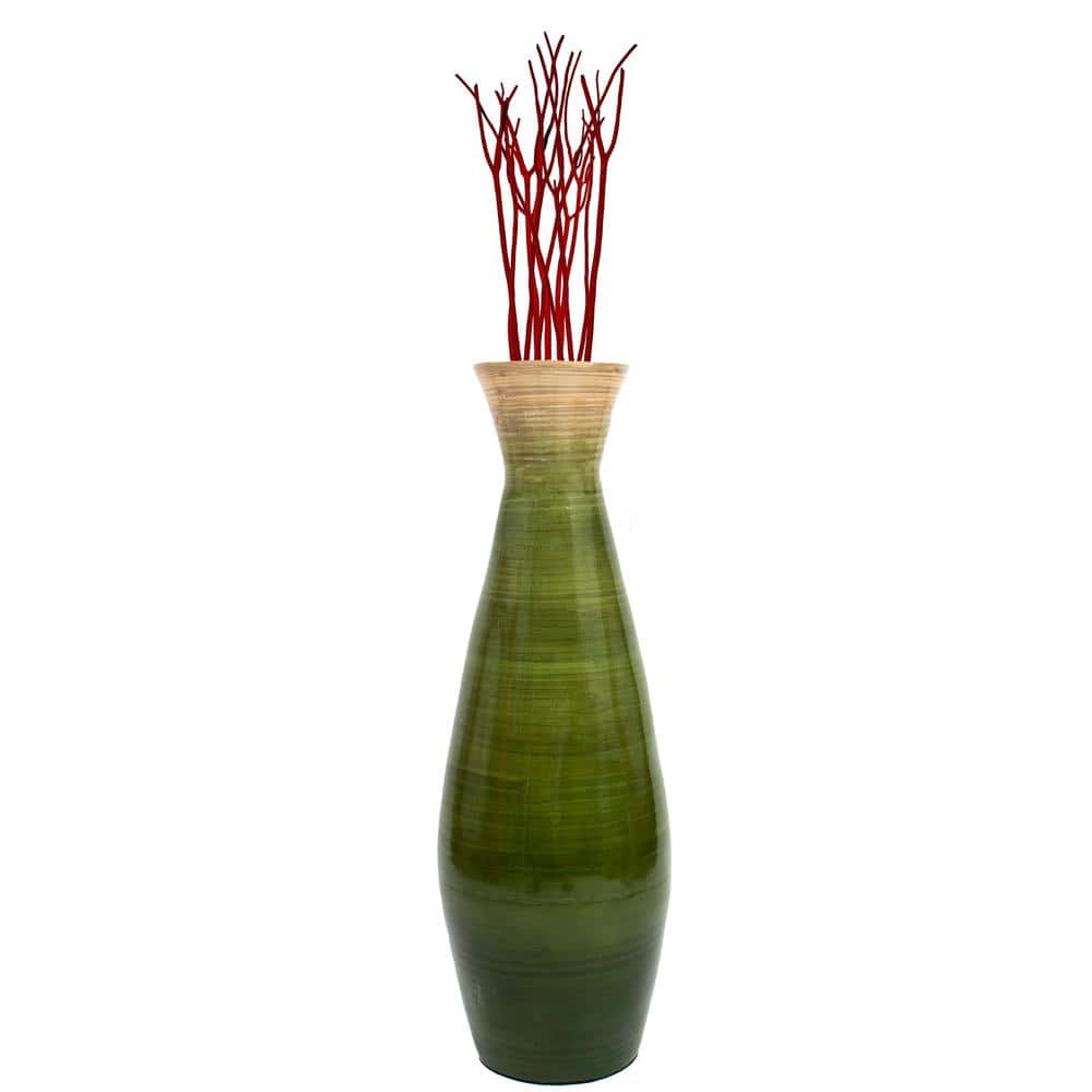 Glossy Green Bamboo Floor Vase with Natural Tone Accent