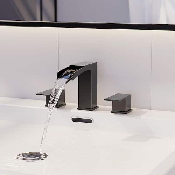 2 Handles Waterfall Bathroom Faucet for 3 Holes Sink with Pop Up Drain Assembly and Water Supply Lines in Matte Black