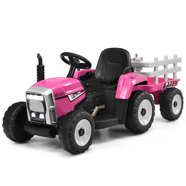 Costway 12-Volt Kids Ride-On Tractor with Trailer Ground Loader with RC and Lights in Pink
