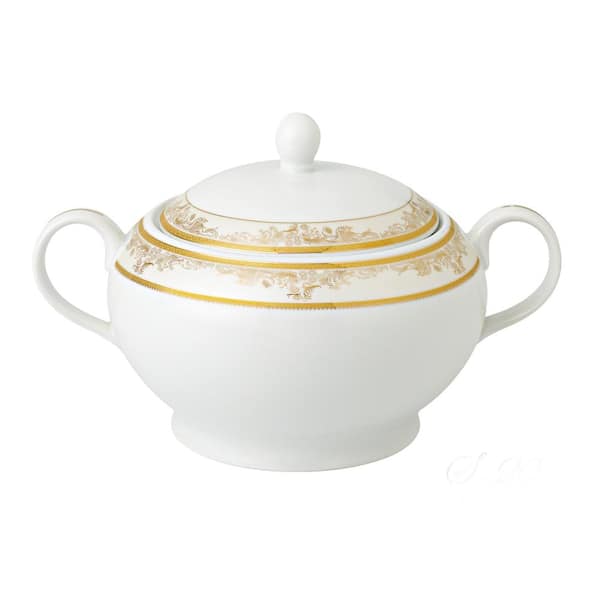 Lorren Home Trends Chloe 12 in. x 8.5 in. x 7 in. 4 Qt. 128 fl. oz. Gold Bone China Soup Tureen Serving Bowl with Lid (Set of 2)