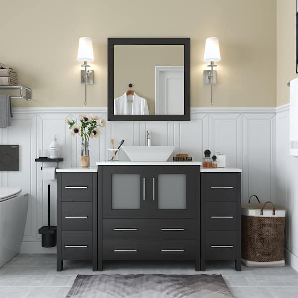 Vanity Art Ravenna 54 in. W Bathroom Vanity in Espresso with Single Basin in White Engineered Marble Top and Mirror