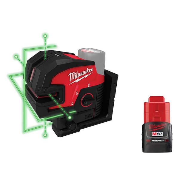 Milwaukee M12 12-Volt Lithium-Ion Cordless 125 ft. Green Cross Line and 4-Points Laser Level With 3.0 Ah Battery