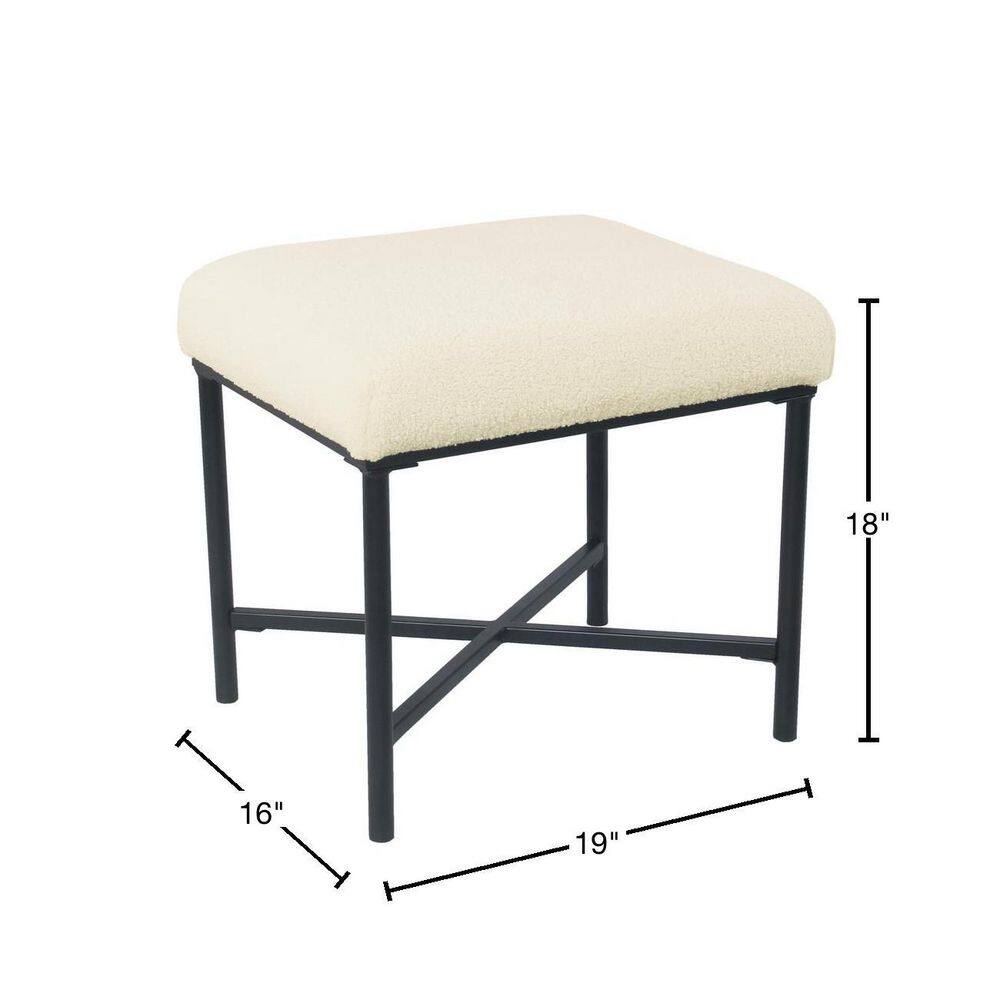Cream Faux Sheepskin Square Ottoman with Black Metal Base