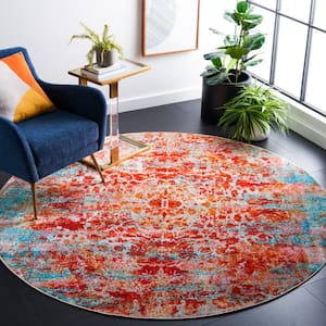 Bahia Light Blue/Red 7 ft. x 7 ft. Machine Washable Floral Distressed Round Area Rug