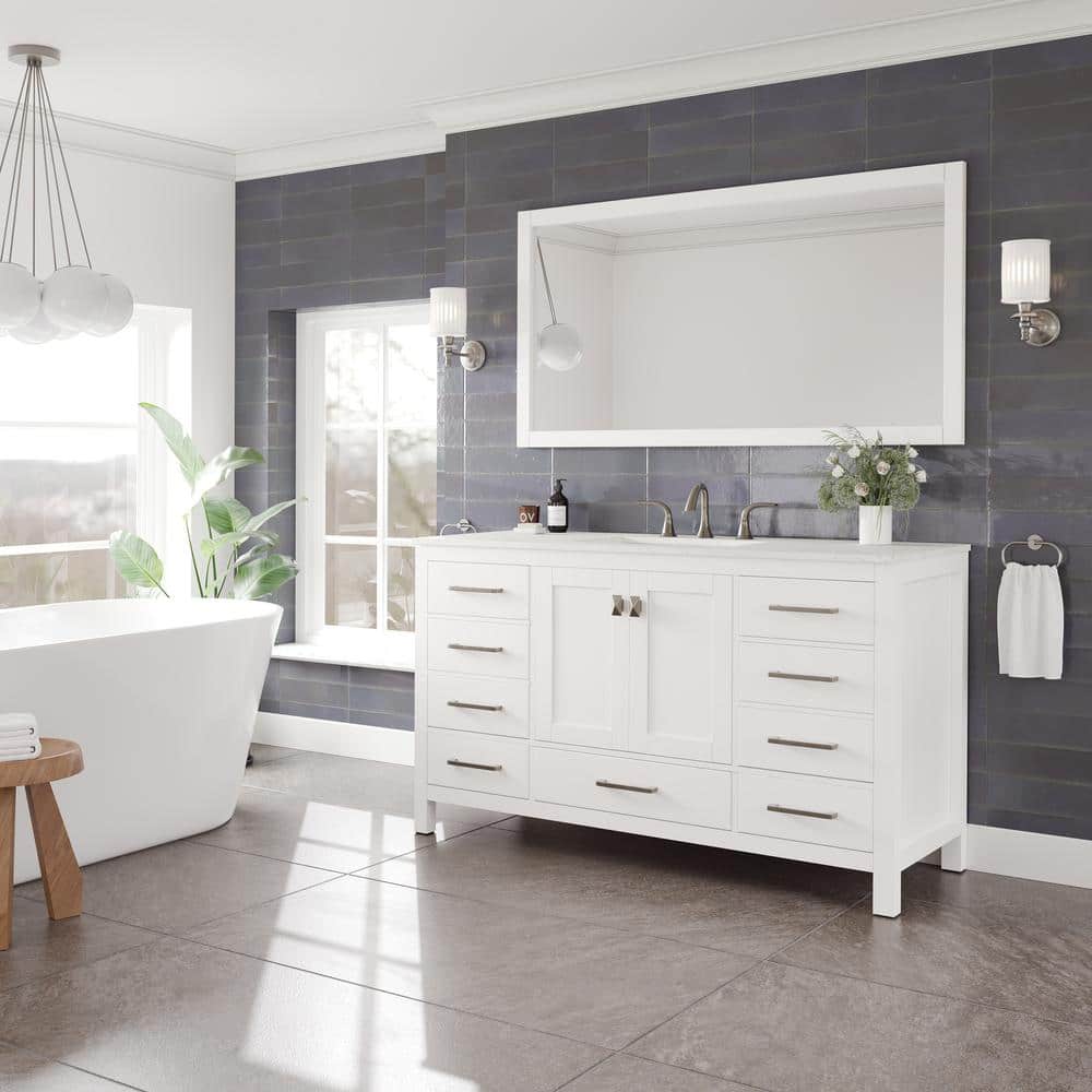Aberdeen 60" White Birch Marble Single Sink Vanity with Porcelain Basin