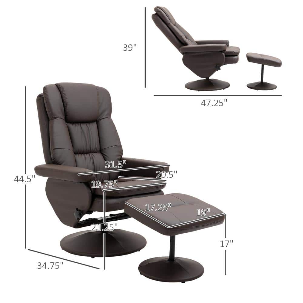 Swivel Brown Faux Leather Recliner with Ottoman and Metal Base