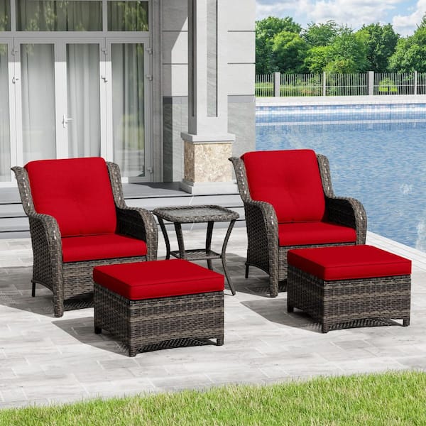 Gardenbee 5-Piece Wicker Outdoor Patio Conversation Set with Red Cushions, Ottomans and Side Table