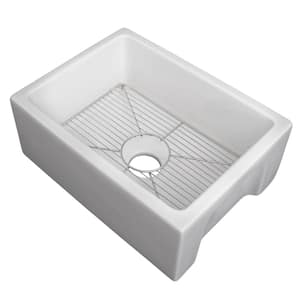 ZLINE Fireclay 24" Reversible Single Bowl Sink Farmhouse in White Gloss with Bottom Grid