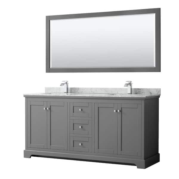 Wyndham Collection Avery 72 in. W x 22 in. D Bath Vanity in Dark Gray with Marble Vanity Top in White Carrara with White Basins and Mirror