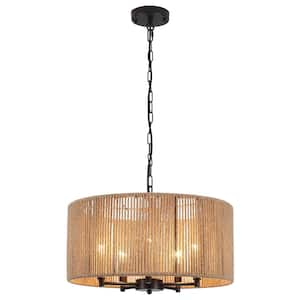 5-Light Black Pendant Design Drum Rattan Chandelier with Brown Hand Woven Shade