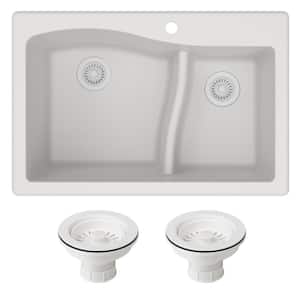 Quarza White Granite Composite 33 in. 60/40 Double Bowl Undermount/Drop-In Kitchen Sink and Strainers