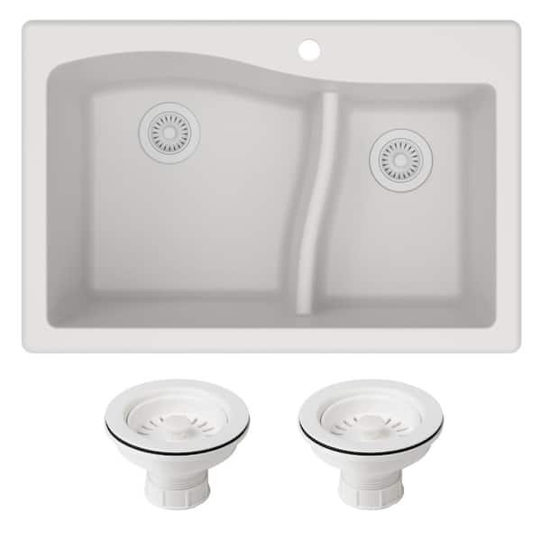 KRAUS Quarza White Granite Composite 33 in. 60/40 Double Bowl Undermount/Drop-In Kitchen Sink and Strainers