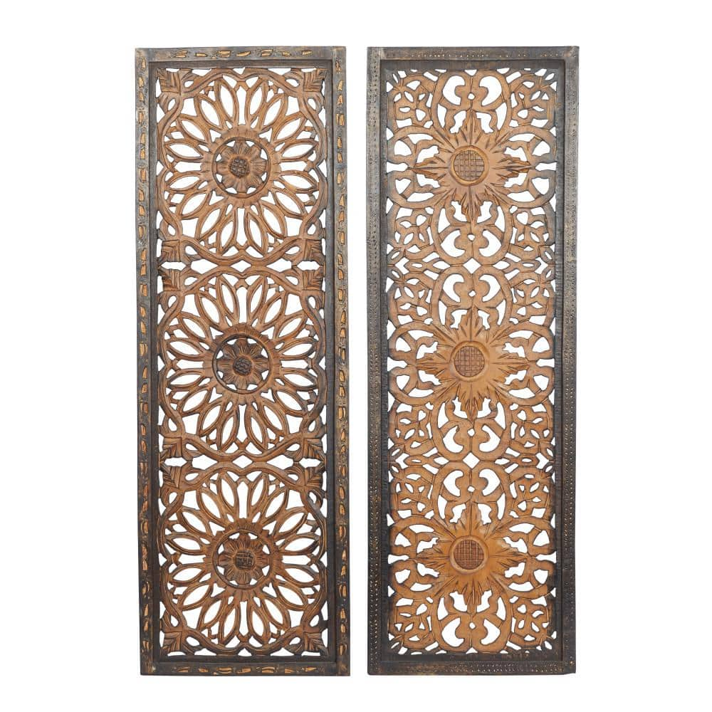 Litton Lane Wood Brown Handmade Intricately Carved Floral Wall