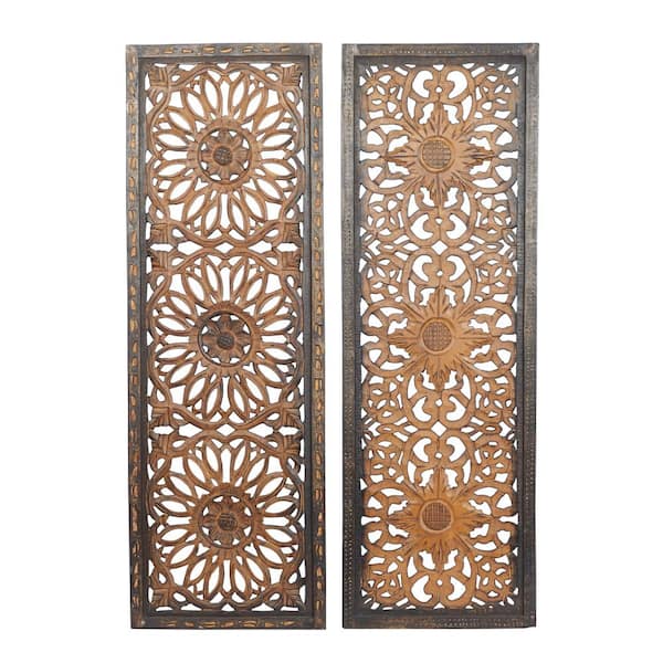 Wood Brown Handmade Intricately Carved Floral Wall Decor (Set of 2)
