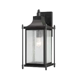 Dunnmore 8 in. W x 18 in. H 1-Light Black Hardwired Outdoor Wall Lantern Sconce with Seeded Glass Shade