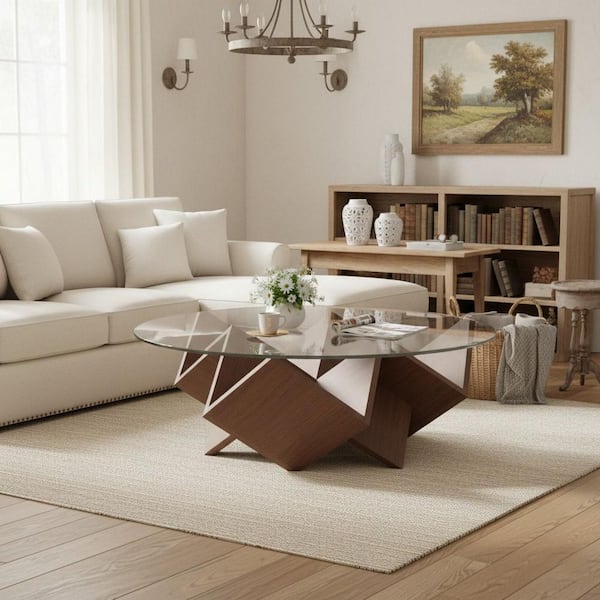 LSCT 35.4 in. Round Coffee Table with Tempered Glass Top and Geometric Art Deco Storage Base in Walnut Brown