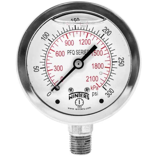 Winters Instruments PFQ Series 2.5 in. Stainless Steel Liquid Filled Case Pressure Gauge with 1/4 in. NPT LM and Range of 0-300 psi/kPa