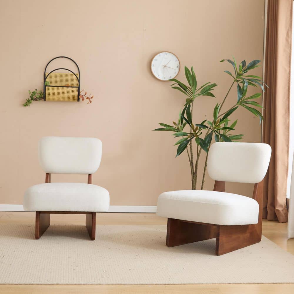 White and Walnut Polyester Upholstered Lounge Chair Set of 2 with Rubber Wood Base