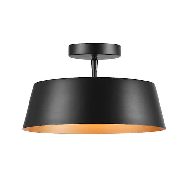 13 in. 2-Light Matte Black Flush Mount Ceiling Light with Painted Gold Interior Shade